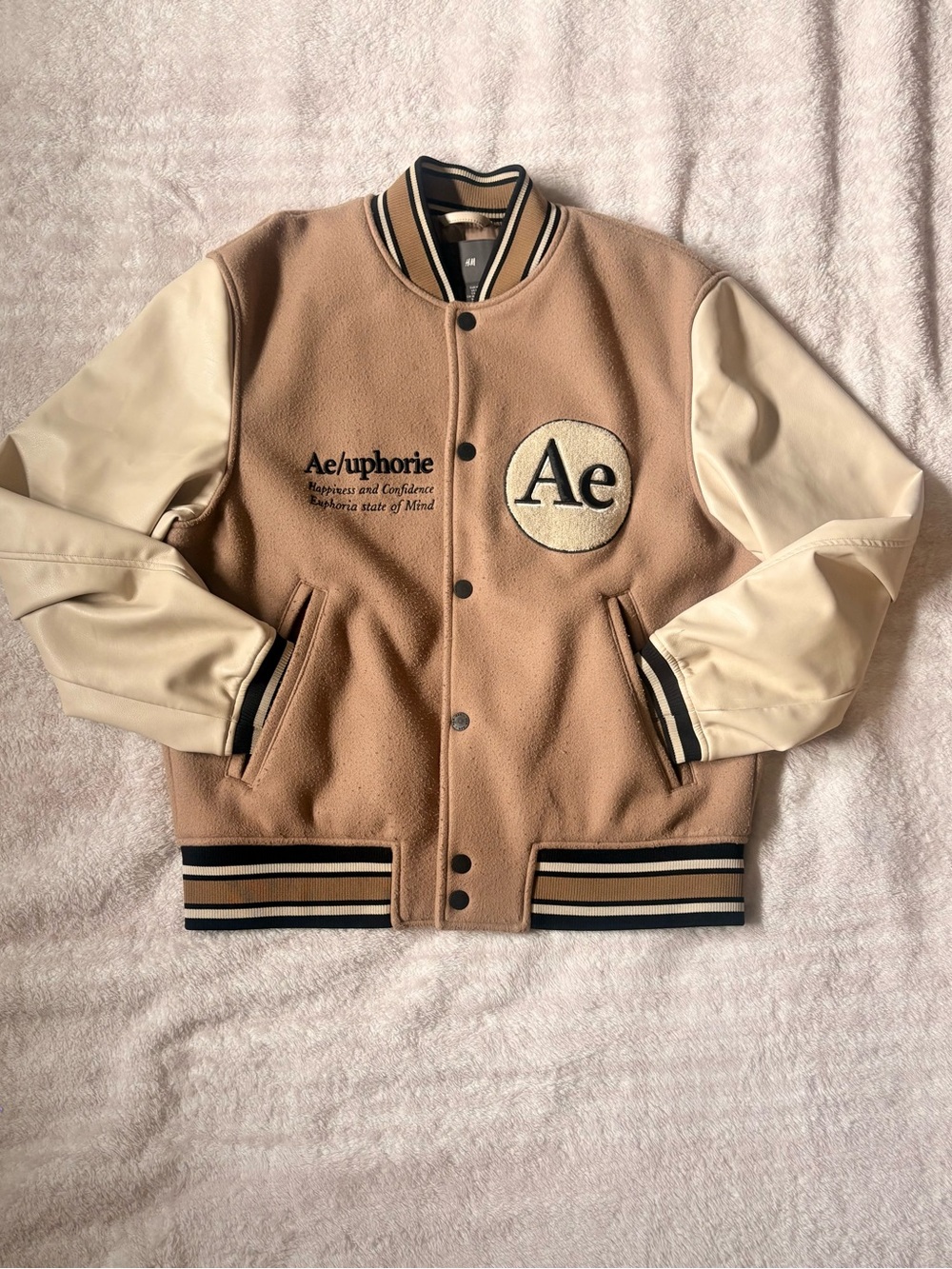 H&M Tan and Cream Bomber Varsity Jacket